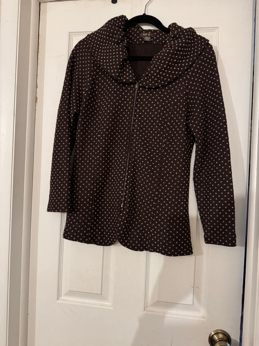 Zoe D. Polka Dot Wool Blend Full Zip Jacket Shawl Collar Size Small